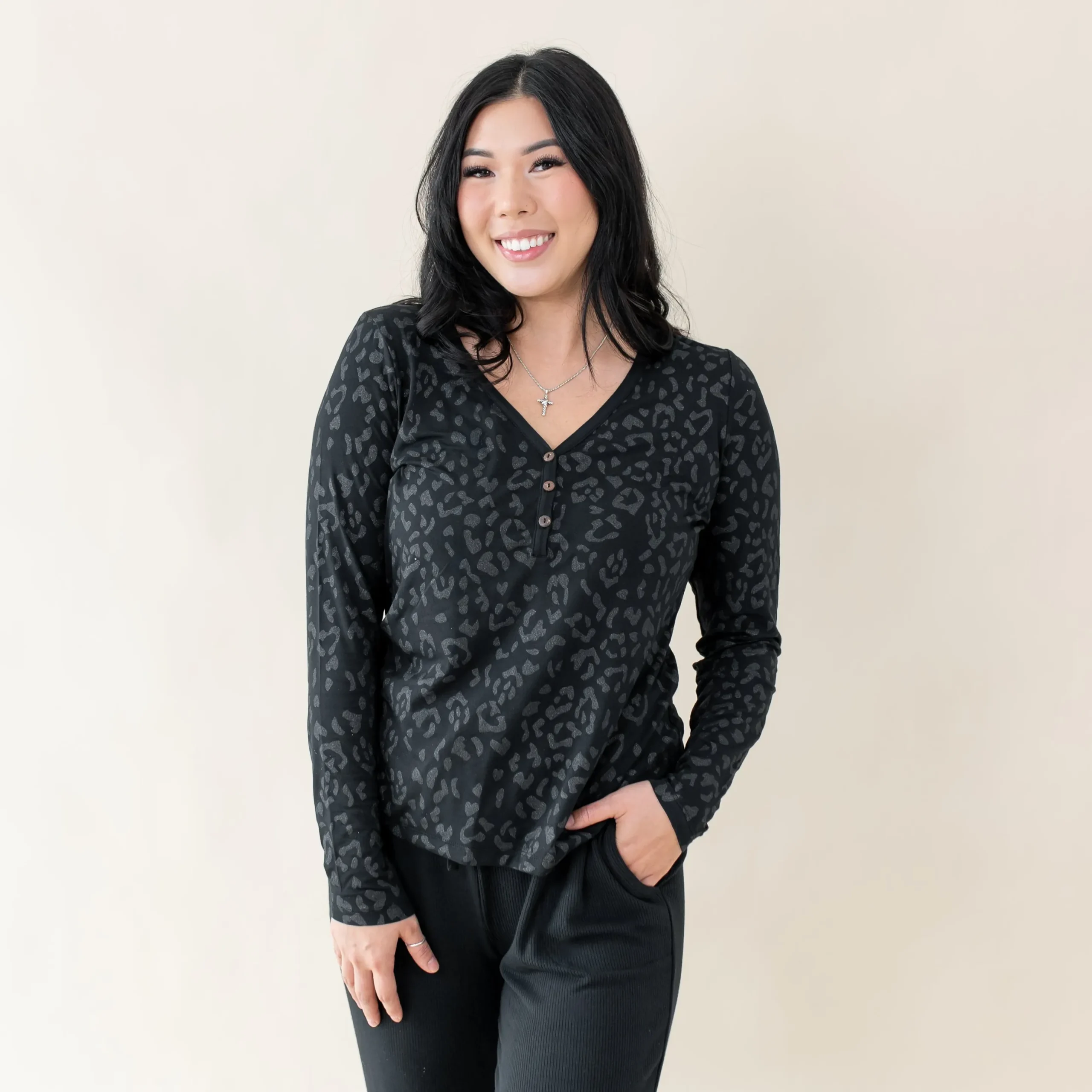 Women's Long Sleeve Henley Tee in Midnight Leopard
