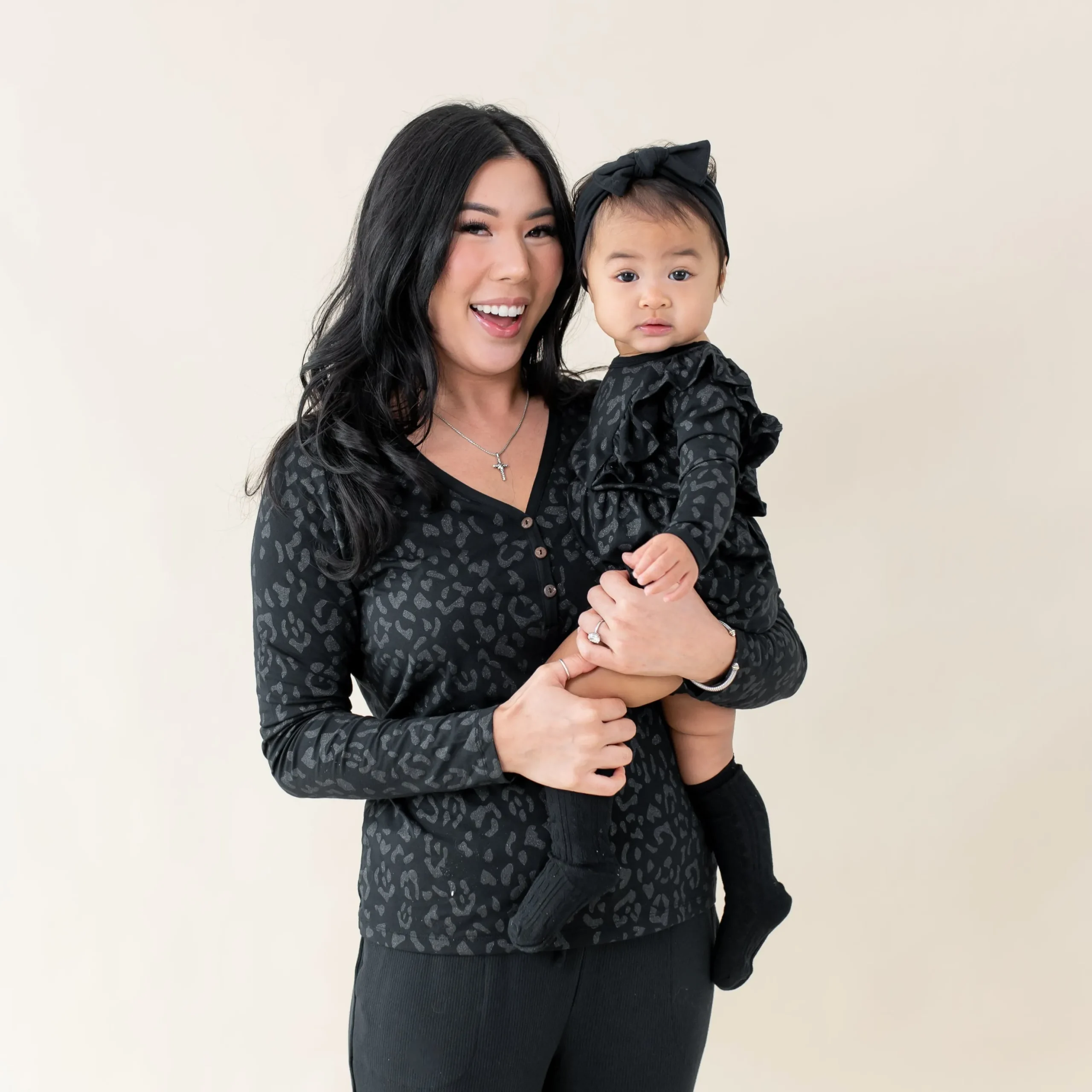 Women's Long Sleeve Henley Tee in Midnight Leopard