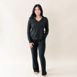 Women's Long Sleeve Henley Tee in Midnight Leopard
