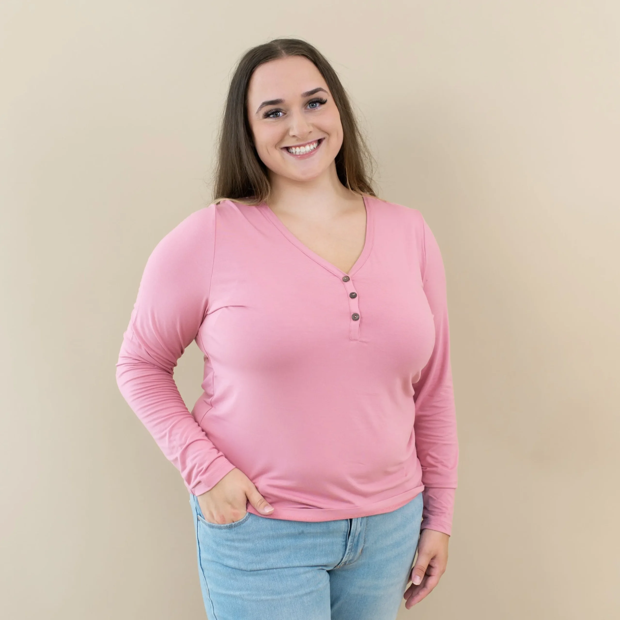 Women's Long Sleeve Henley Tee in Apple Blossom