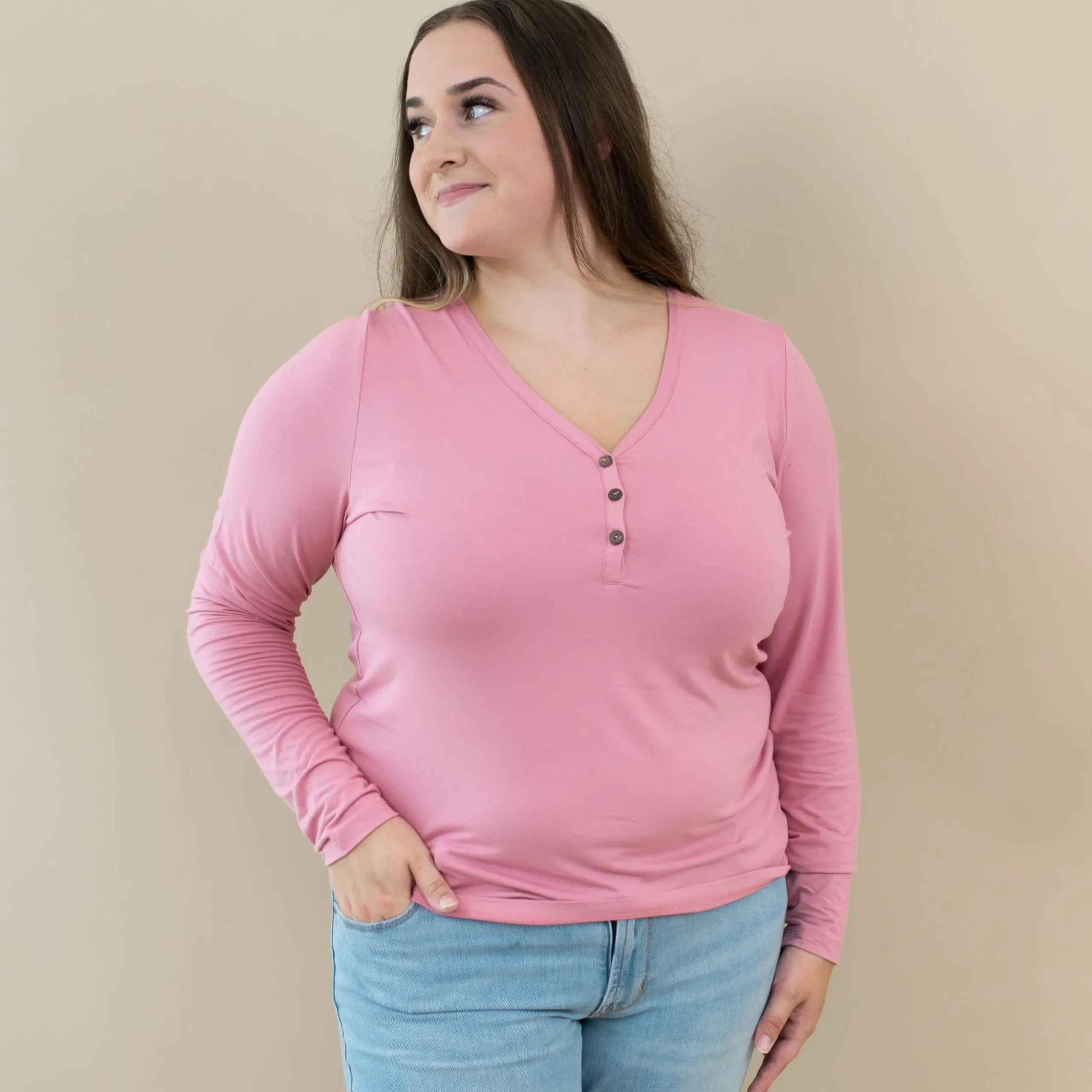 Women's Long Sleeve Henley Tee in Apple Blossom