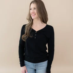 Women's Long Sleeve Henley Tee in Midnight