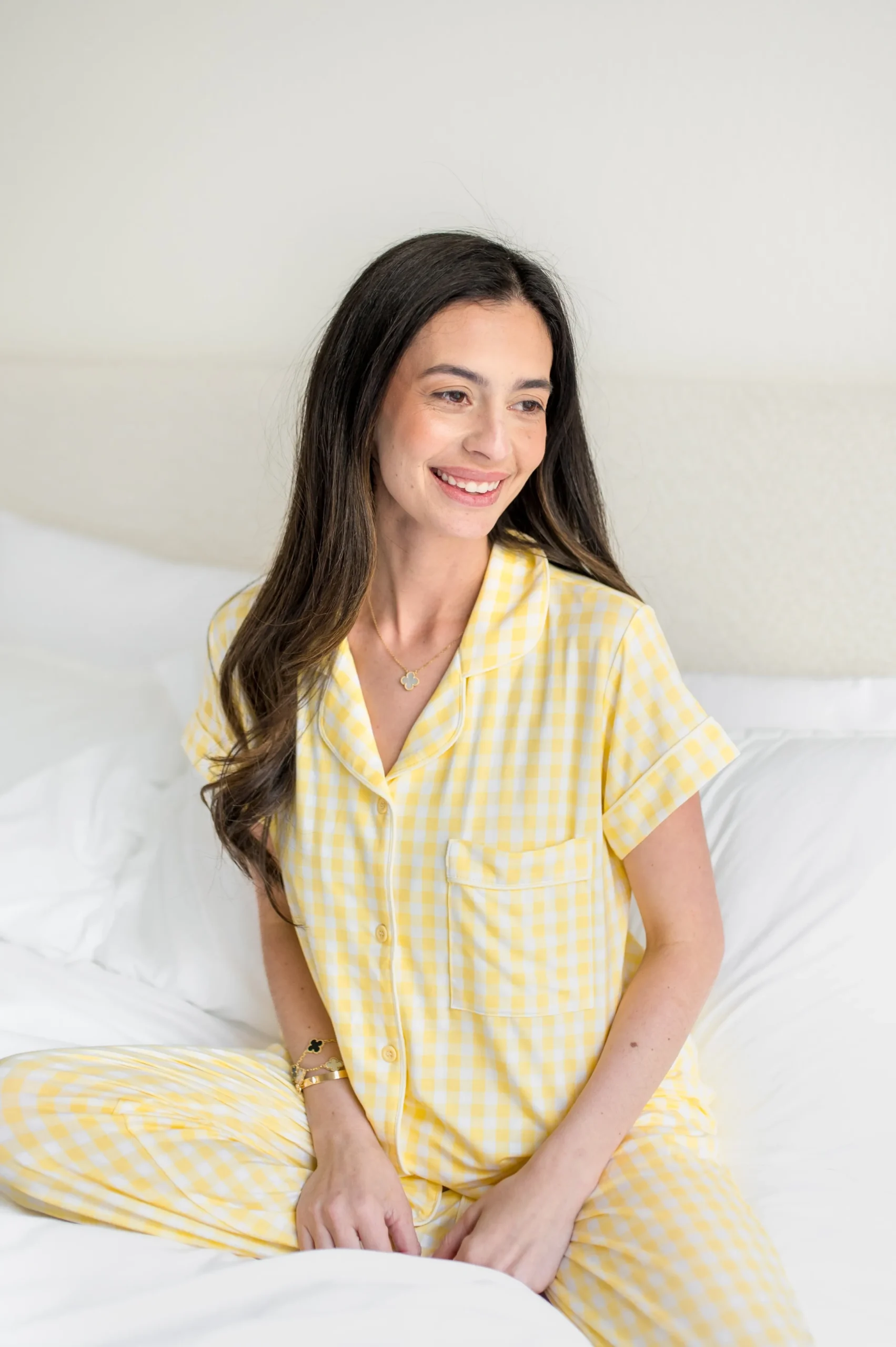 Women's Short Sleeve Cropped Pajama Set in Gingham Chamomile
