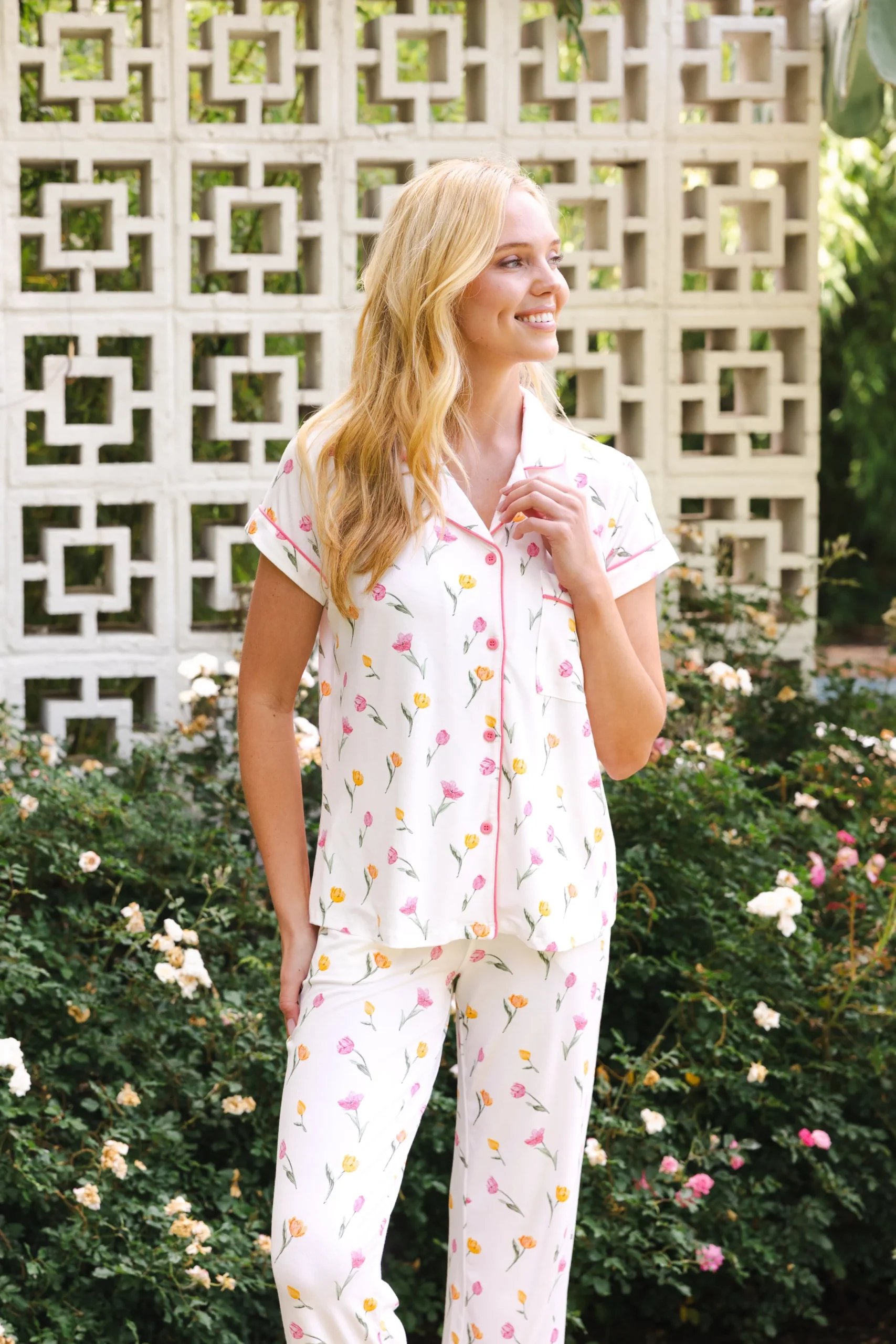Women's Short Sleeve Cropped Pajama Set in Tulip