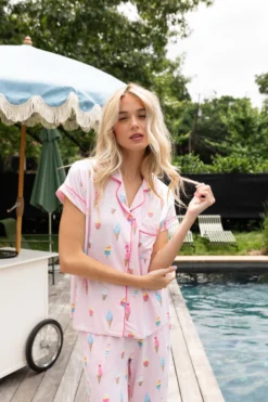 Women's Short Sleeve Cropped Pajama Set in Sakura Ice Cream