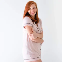 Women’s Short Sleeve Pajama Set in Blush with Midnight Trim