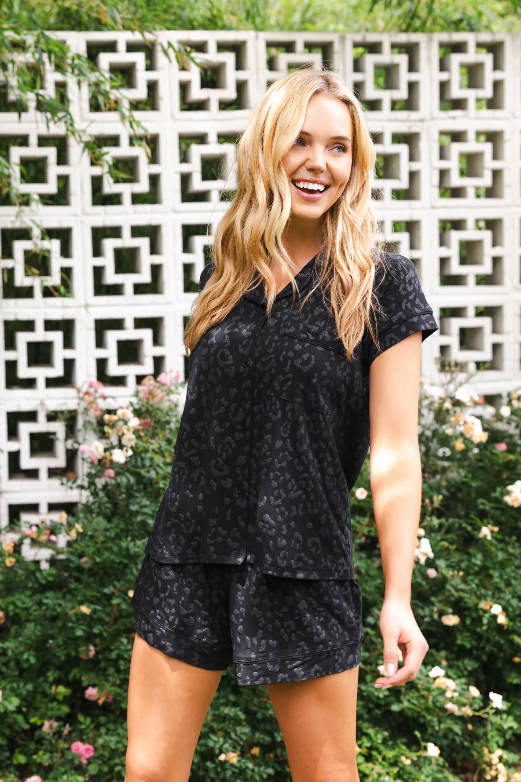 Women’s Short Sleeve Pajama Set in Midnight Leopard