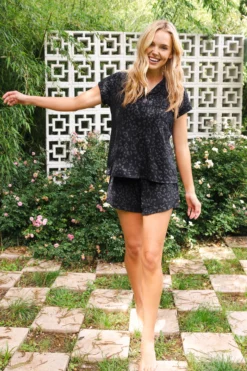 Women’s Short Sleeve Pajama Set in Midnight Leopard