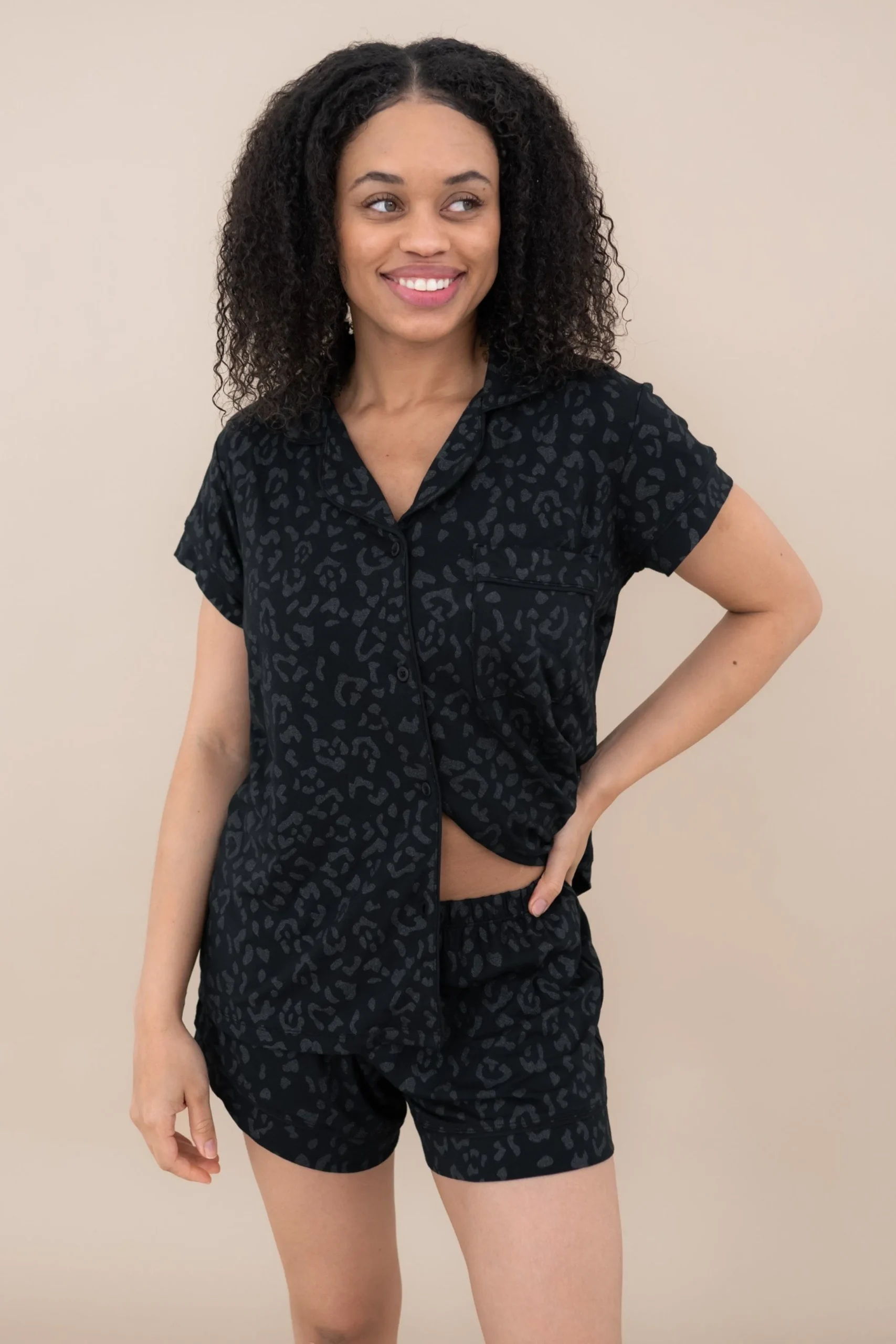 Women’s Short Sleeve Pajama Set in Midnight Leopard