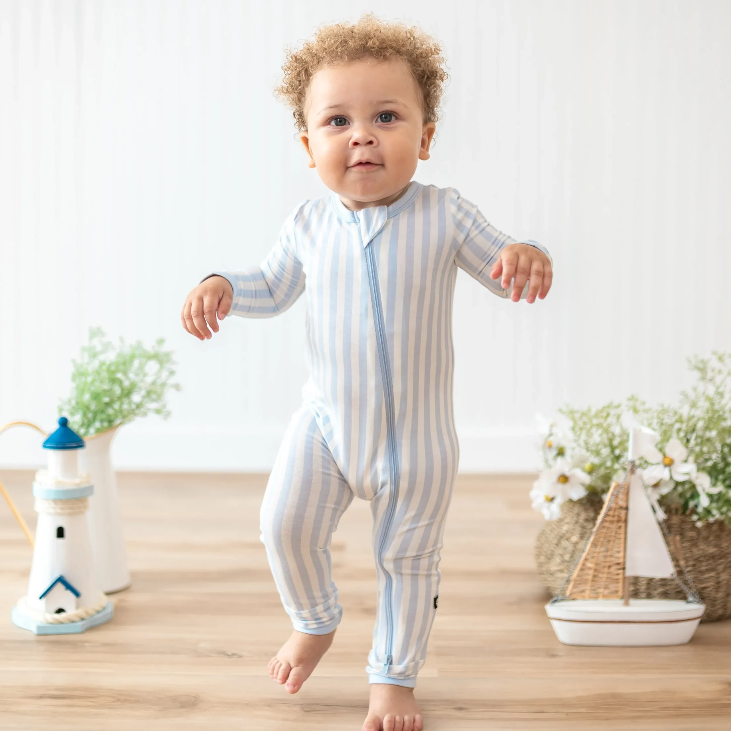 Zippered Romper in Small Mist Stripe