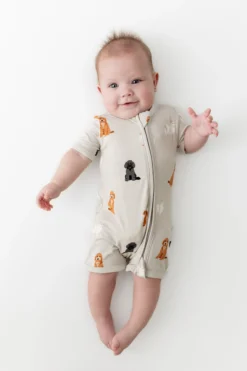 Zippered Shortall Romper in Fluffy Dog
