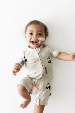 Zipper Shortall Romper in Fluffy Cat