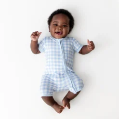 Zipper Shortall Romper in Gingham Breeze