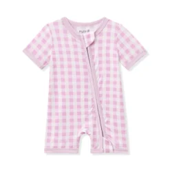 Zipper Shortall Romper in Gingham Thistle