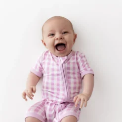 Zipper Shortall Romper in Gingham Thistle