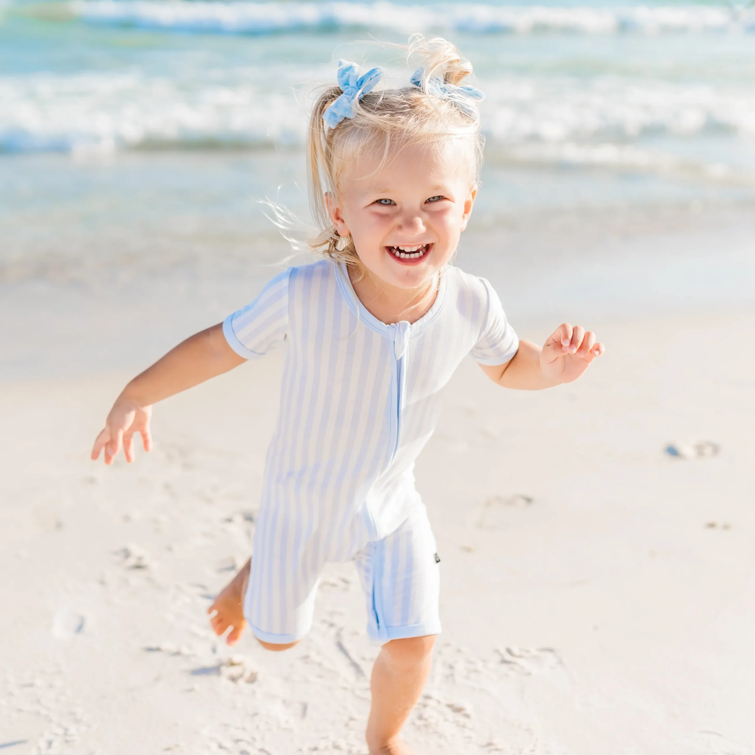 Zipper Shortall Romper in Small Mist Stripe