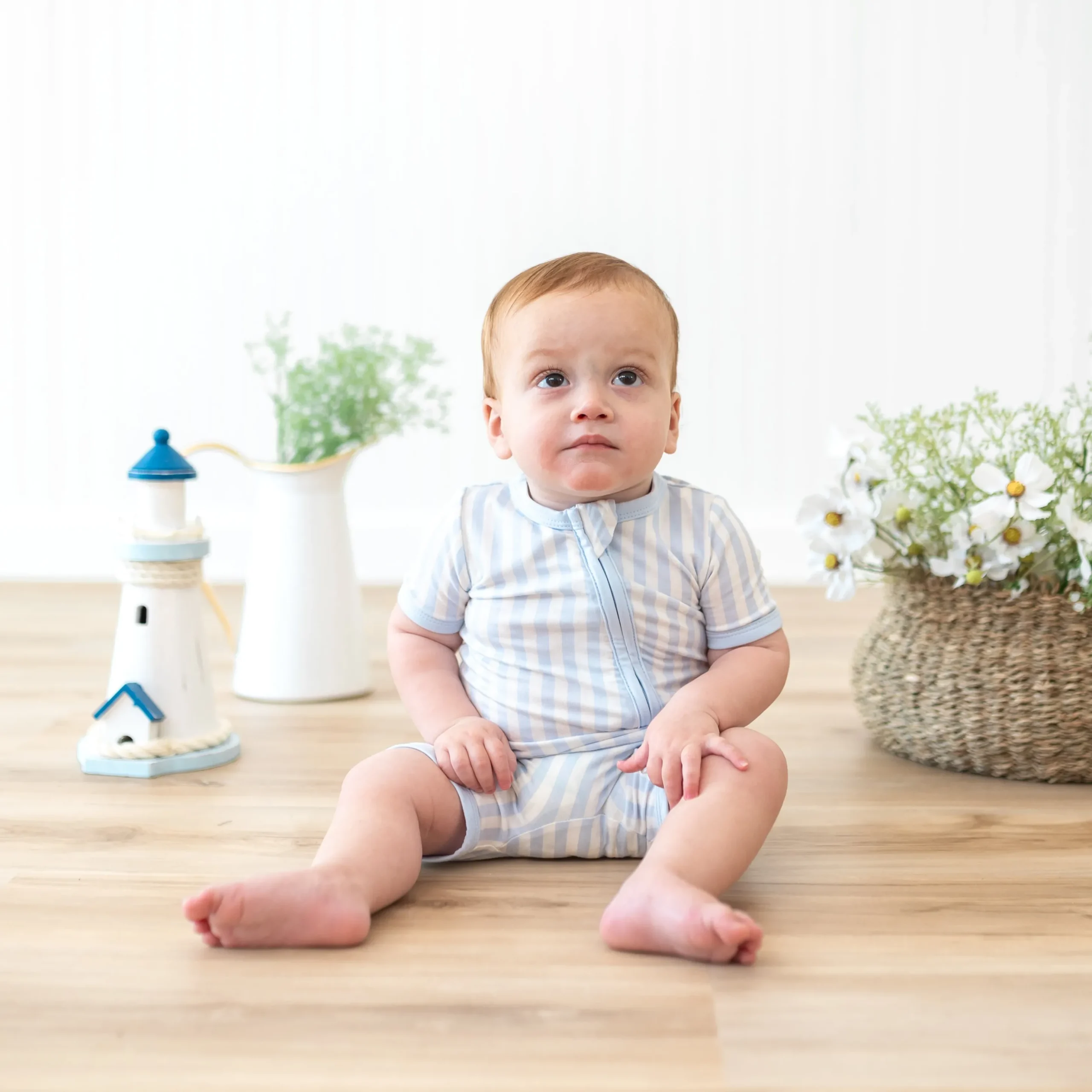 Zipper Shortall Romper in Small Mist Stripe